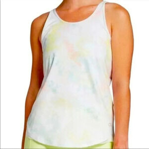 CALIA Flow Overlap Mesh Strappy Workout Tank Top in Lemon Ice Tie Dye